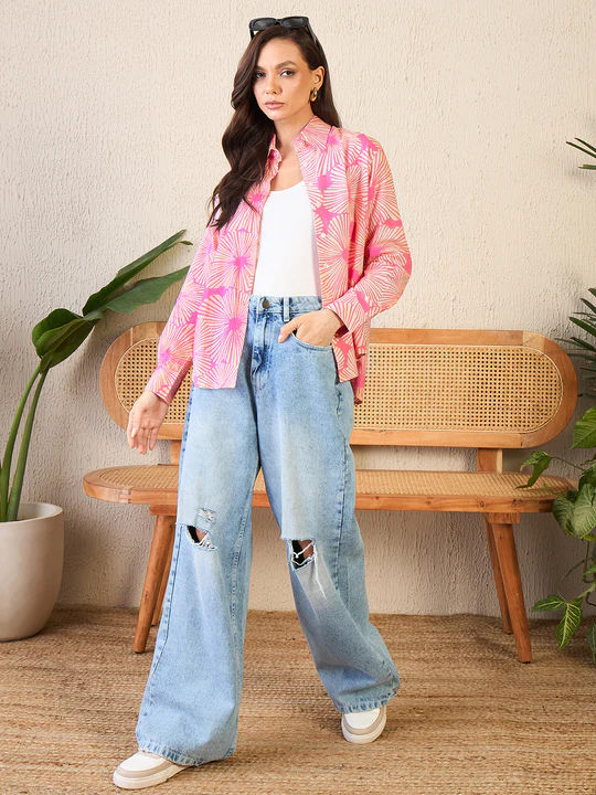 retro bloom pink & peach button-down shirt