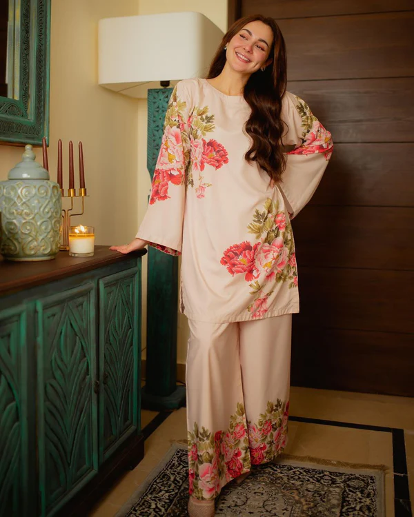 hania aamir light beige bloom & bliss co-ord set