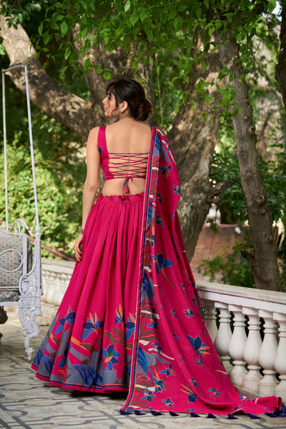 Exquisite Floral Fantasy: Tusser Silk Lehenga Choli with Intricate Print and Dupatta