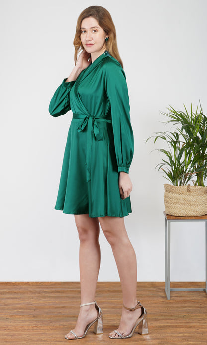 Emerald Luxe Satin Wrap Mini Dress