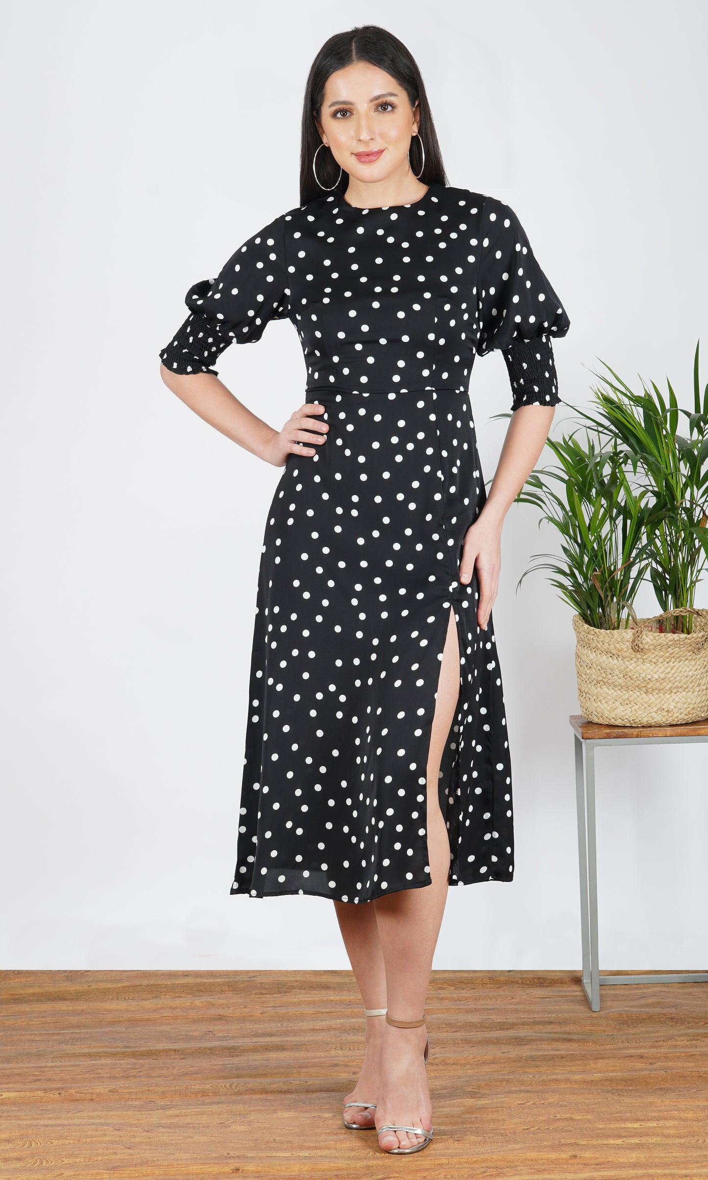 black & white polka dot midi dress