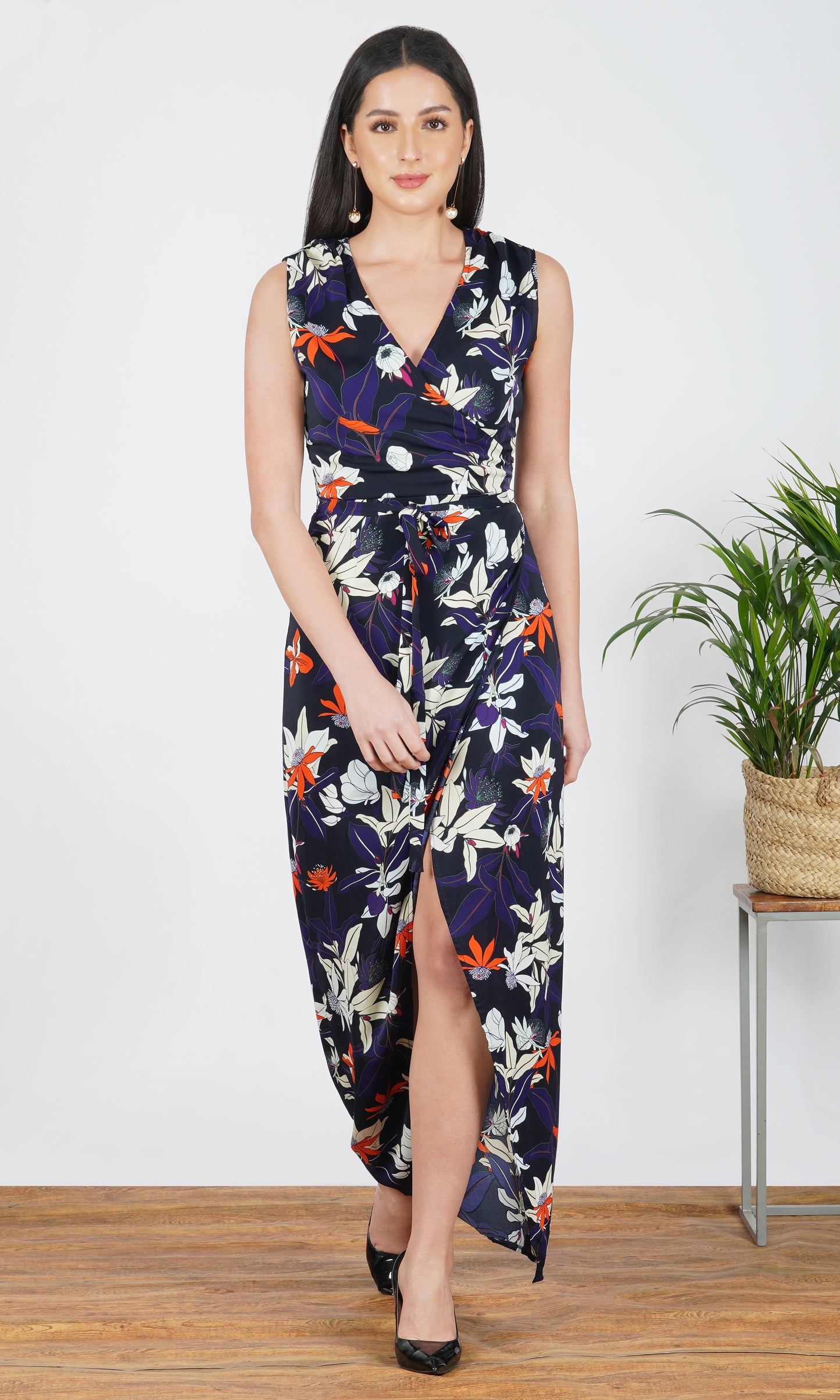navy blue floral print a-line maxi dress with slit