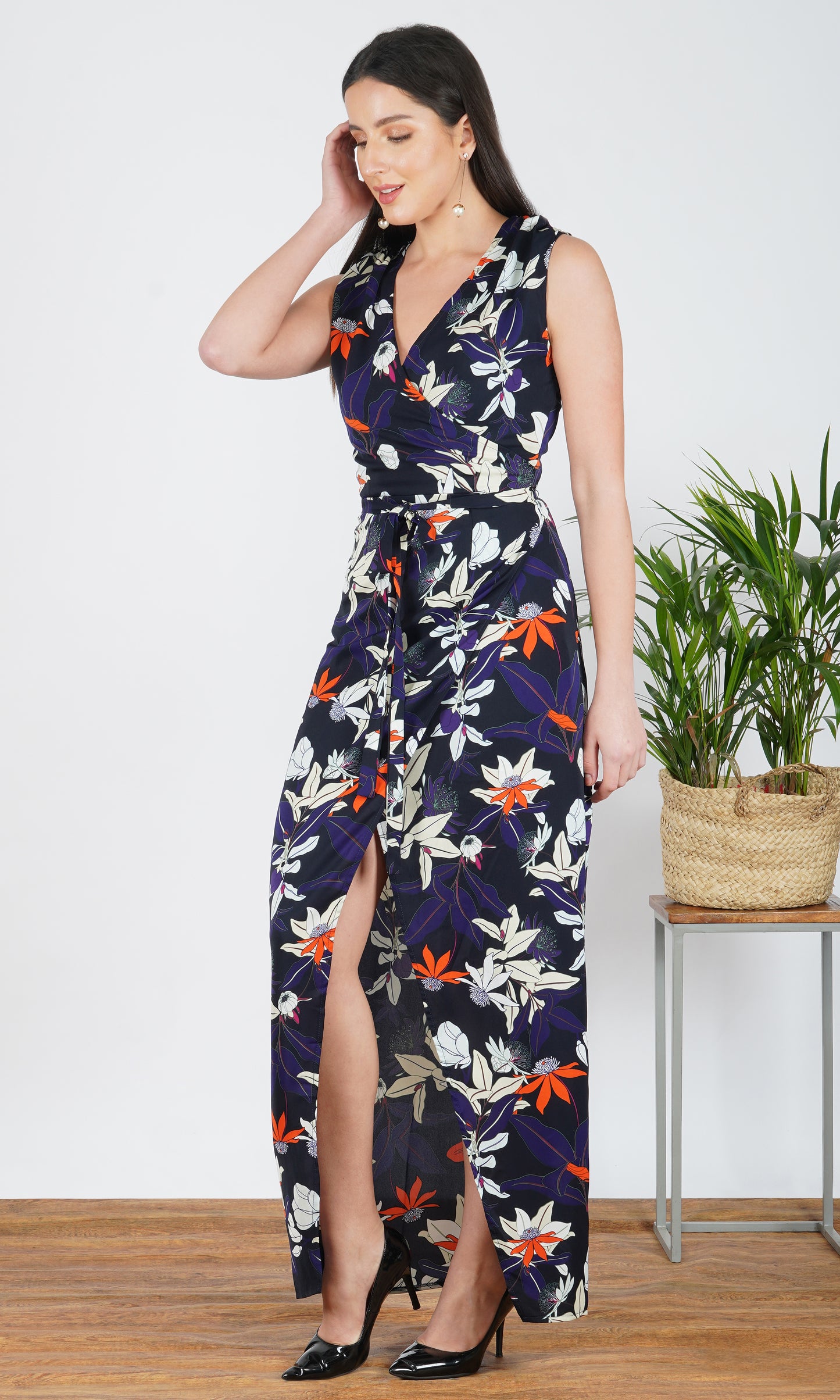 navy blue floral print a-line maxi dress with slit