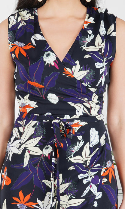 Navy Blue Floral Print A-Line Maxi Dress with Slit