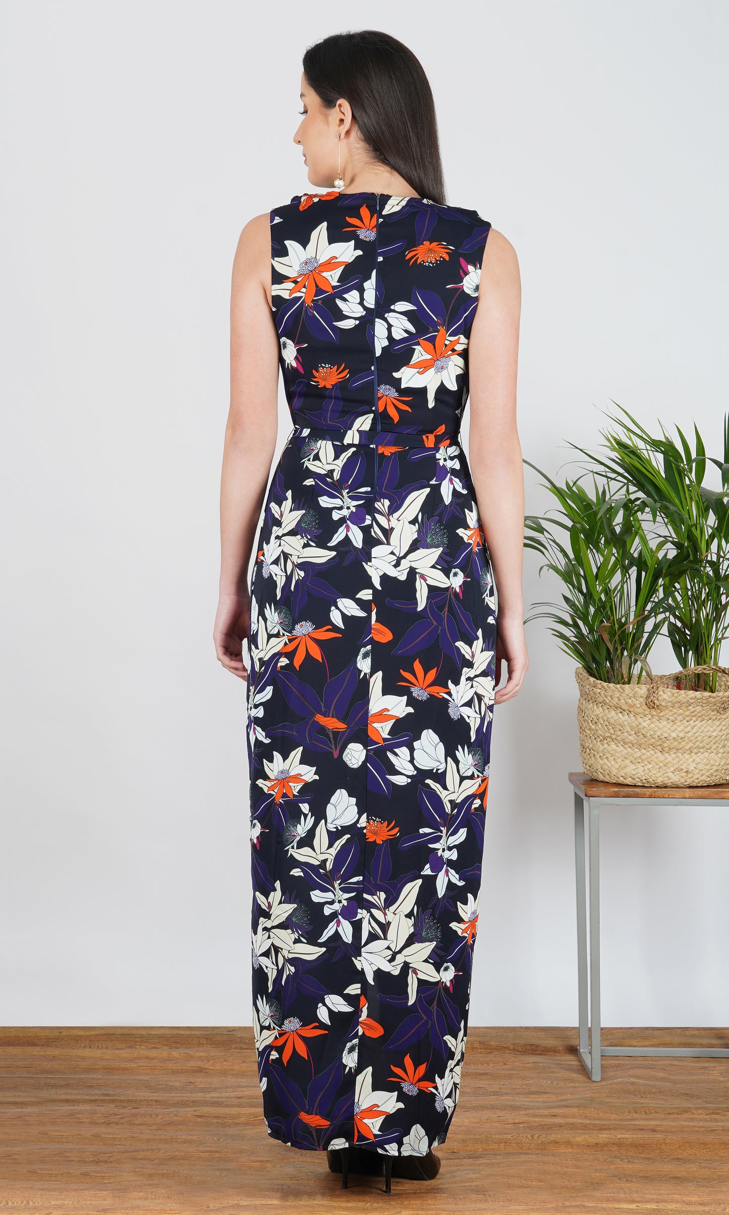 navy blue floral print a-line maxi dress with slit