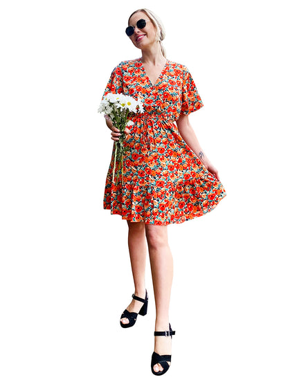 Red Floral Short Sleeve Summer Mini Dress