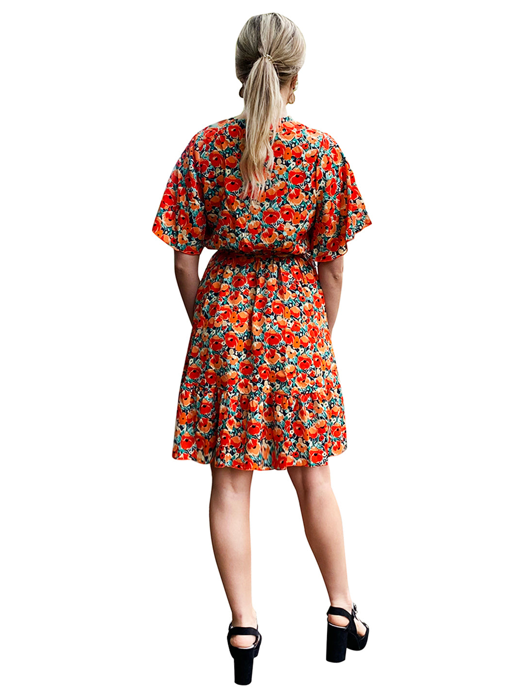 red floral short sleeve summer mini dress