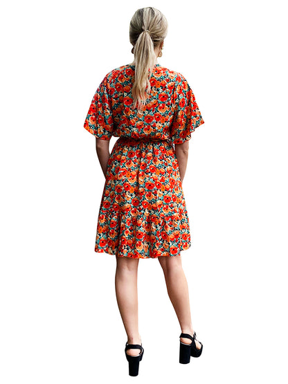 Red Floral Short Sleeve Summer Mini Dress