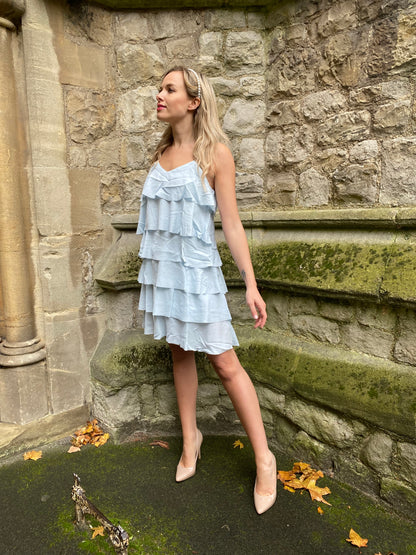 Tiered Ruffle Mini Dress - Light Blue