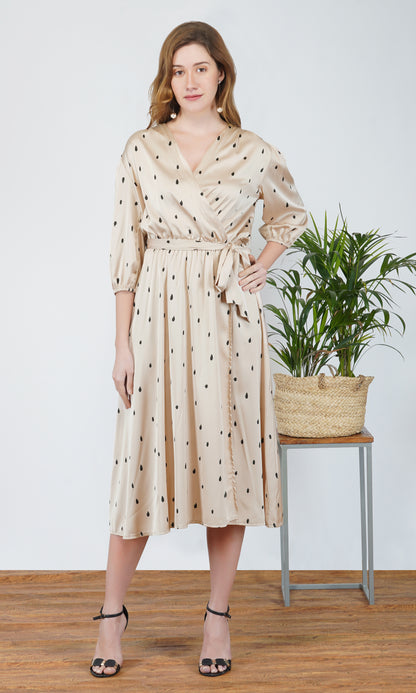 Satin Teardrop Print Wrap Midi Dress