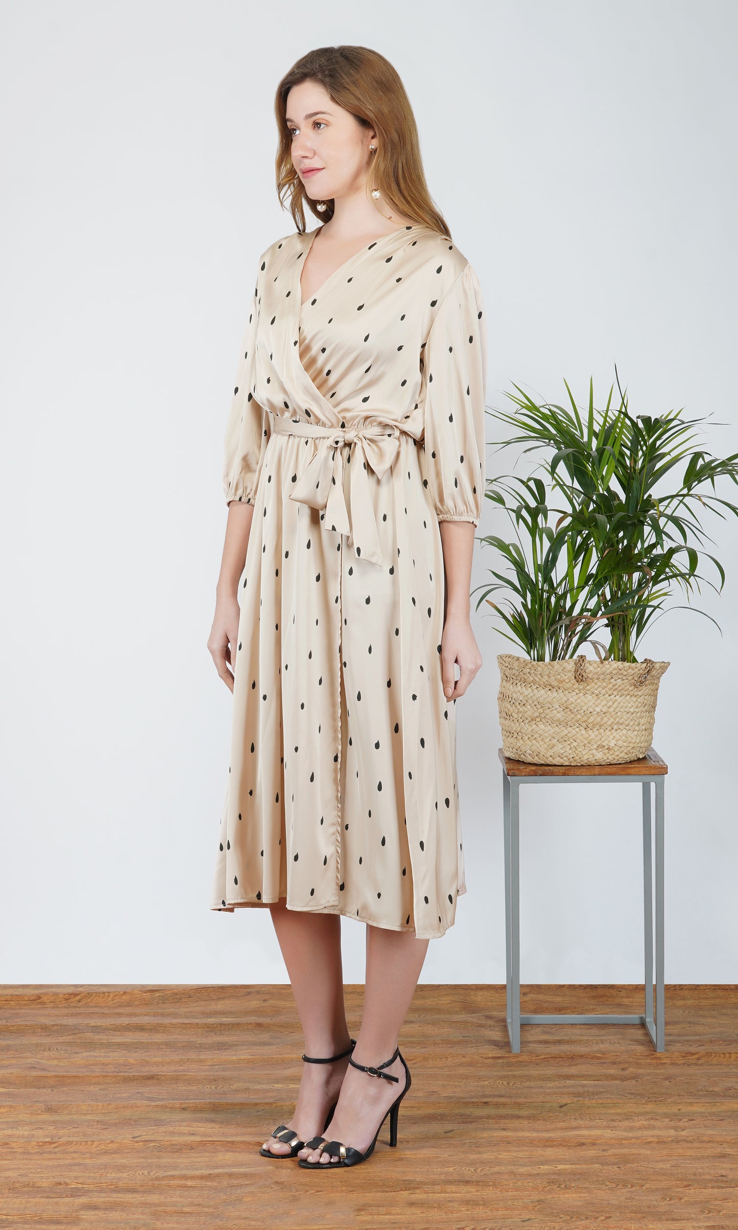 satin teardrop print wrap midi dress