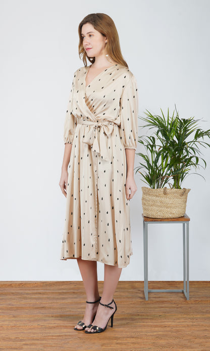 Satin Teardrop Print Wrap Midi Dress