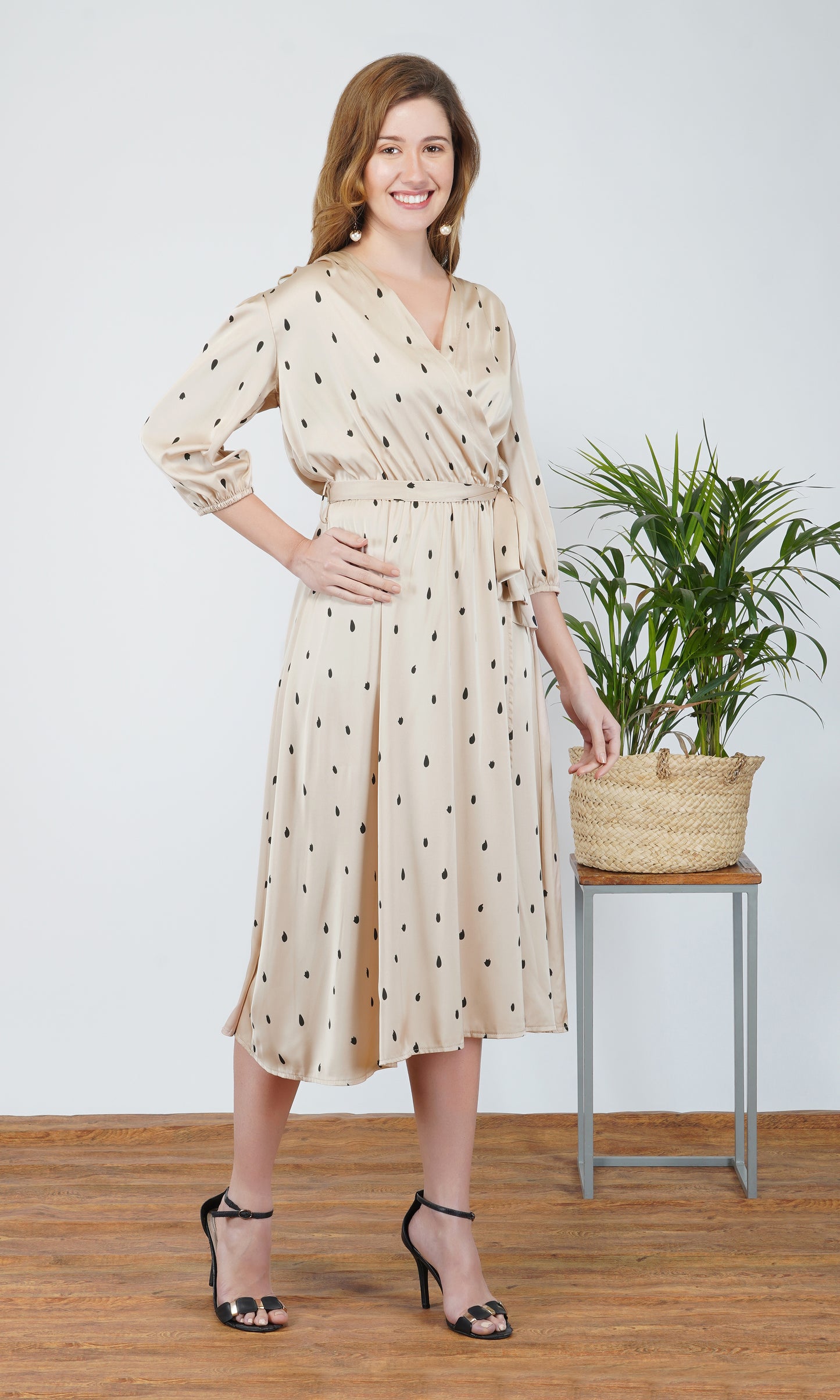 satin teardrop print wrap midi dress