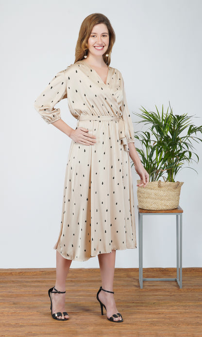 Satin Teardrop Print Wrap Midi Dress
