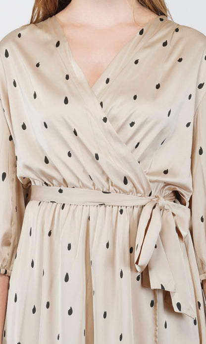 Satin Teardrop Print Wrap Midi Dress