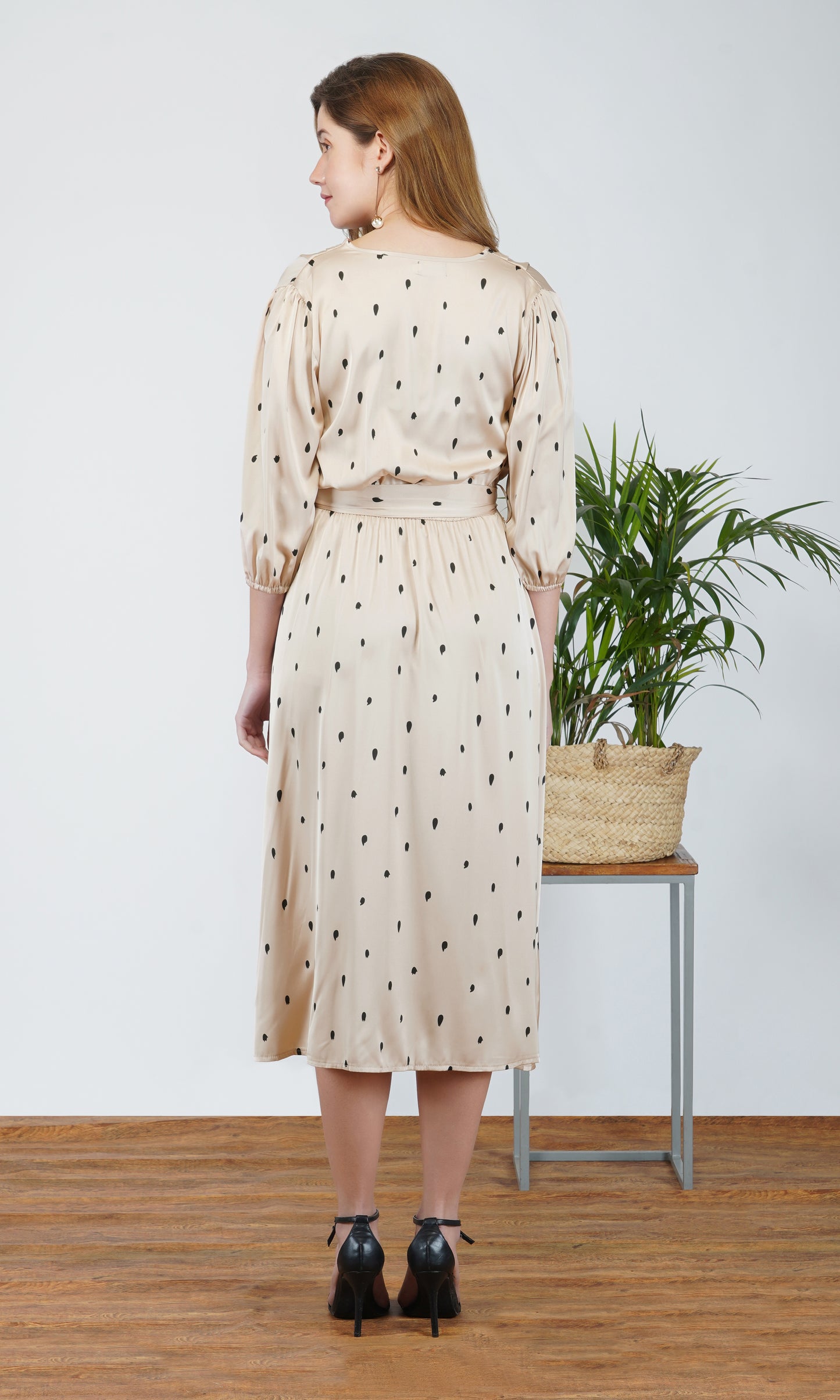 satin teardrop print wrap midi dress