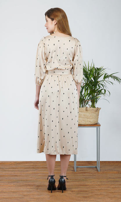 Satin Teardrop Print Wrap Midi Dress