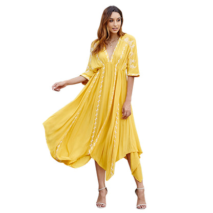 Radiant Honey: The Embroidered Fit & Flare Midi Dress