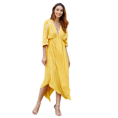 Radiant Honey: The Embroidered Fit & Flare Midi Dress