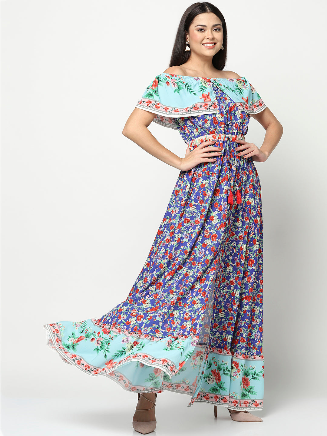 the 'azure bloom' off-shoulder maxi dress