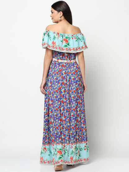 The 'Azure Bloom' Off-Shoulder Maxi Dress