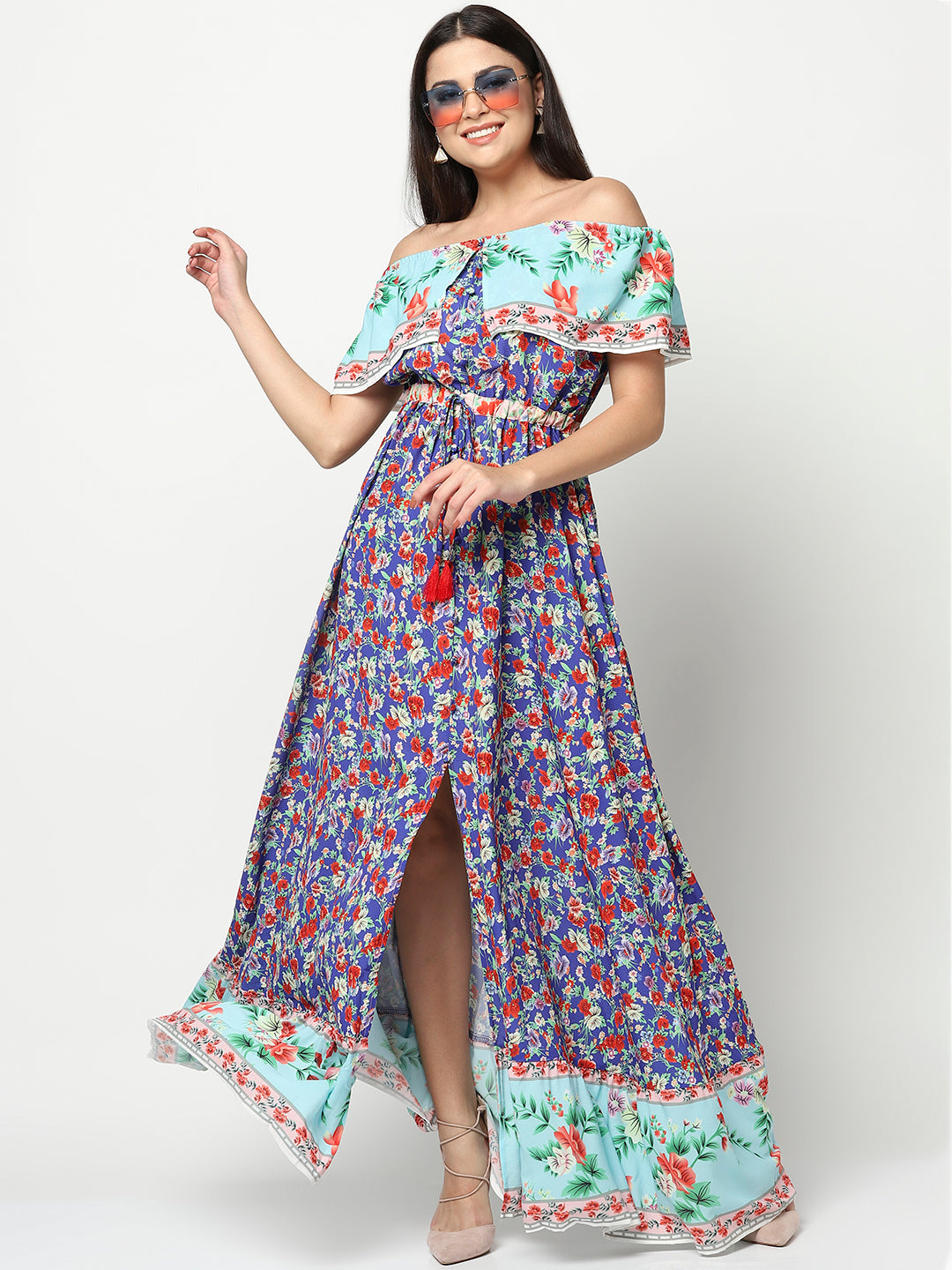 the 'azure bloom' off-shoulder maxi dress