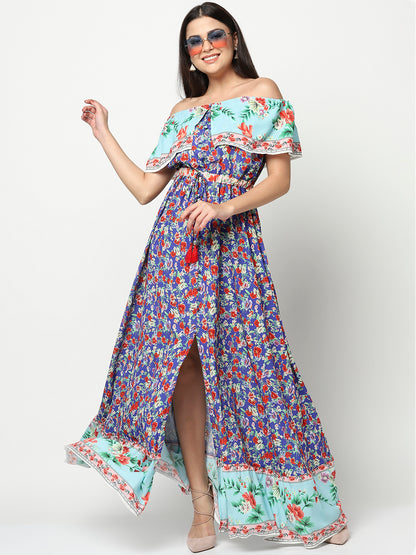 The 'Azure Bloom' Off-Shoulder Maxi Dress