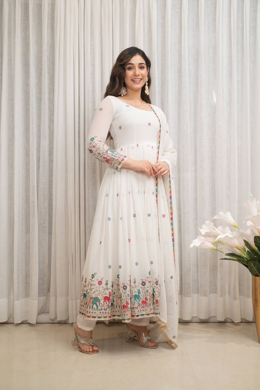 designer white georgette gown set with multicolor embroidered border